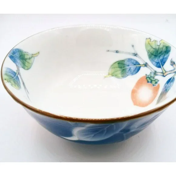 Porcelain Bowl Hand Painted Peach Persimmon Leaf 5.5 Inch Vintage Japanese Mark - Picture 7 of 14